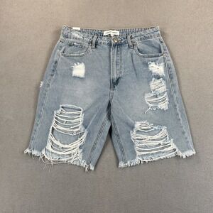 Almost Famous‎ Shorts Womens 7 Blue Distressed Ripped Denim High Rise Raw Hem